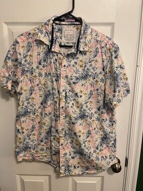 Original Penguin White Short-Sleeve Floral Button-Down Shirt in Blue and Pink